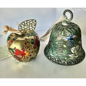 Vintage Cloisonné Ornaments Silver Bell & Gold Apple Enameled Metal Floral
